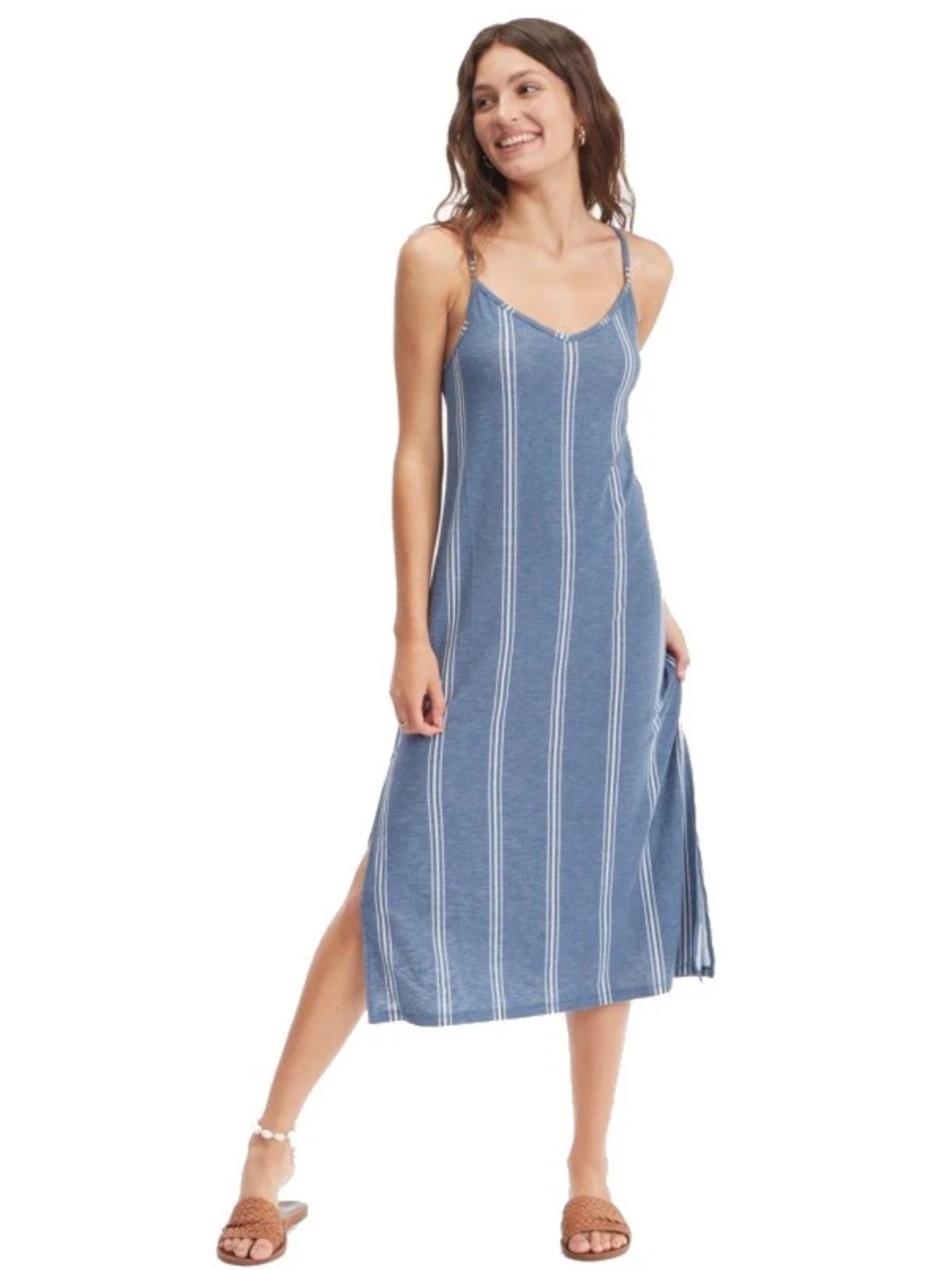 Roxy Promised Land Blue Gray Striped Slip Midi Dress Size M
